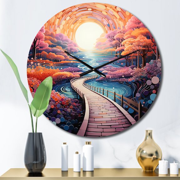 Designart "Orange Bridge Dreamy Passage painting" Pointillism Oversized Wall Clock