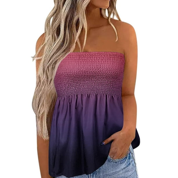 Gibobby Camiseta sin mangas Bandeau sin tirantes a rayas para mujer, camiseta informal sin mangas para vacaciones de verano, camiseta holgada de tubo para vacaciones(Rosa,XG)