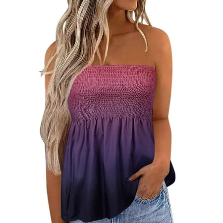 

Outfmvch Women Stripe Strapless Bandeau Tank Casual Sleeveless Summer Vacation Loose Holiday Top Shirt Blouse Pleated Stretch Tunic Tanks Top Bra Longer