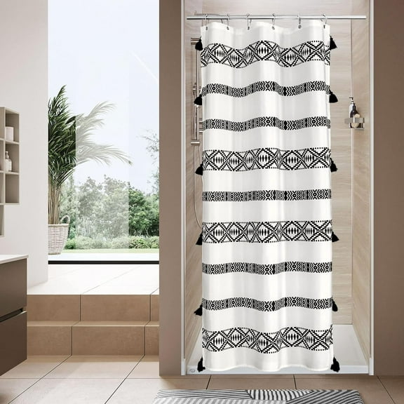 Small Stall Shower Curtain, Boho Tassel Half Size Shower Curtain Set, Geometric Narrow Shower Curtain for Bathroom Decor, Modern Aesthetic 36 inch Fabric Shower Curtain, Beige, 36" W x 72" L