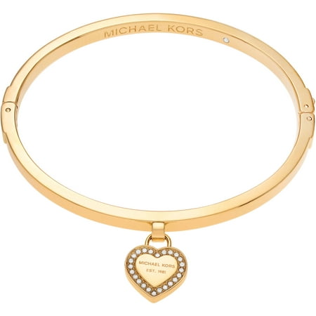 Michael Kors Women's Crystal Accent Gold-Tone Stainless Steel Logo Heart Charm Bangle Fashion Bracelet, 5
