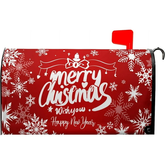 Merry Christmas Mailbox Cover Magnetic Standard Size 21x18 Inch Happy New Years Mail Box Post Cover Winter Snowflake Red Xmas Letter Box Wraps for Home Outdoor Garden Yard Decor