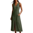thumbnail image 4 of YueHuiYing Women's 2026 Cotton Linen Sleeveless Maxi Dresses - Boat Neck Button Down Boho Gauze Sundresses with Pockets for Plus Size, 4 of 8