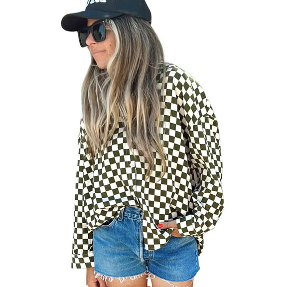 Women's Green Checkerboard Printed Drop Shoulder Casual Shirt - [ZhiHiMeRi] | (US 12-14)L