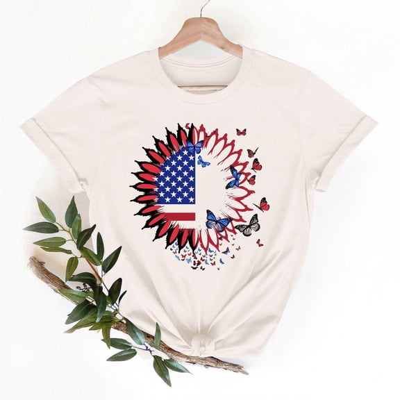 Women's T-shirts Short Sleeves Round Neck Simple Graphic Pattern Lightweight Soft Tops T-shirts for Independence Day Fourth of July Women's Beach Outfits Ship in 2 Days