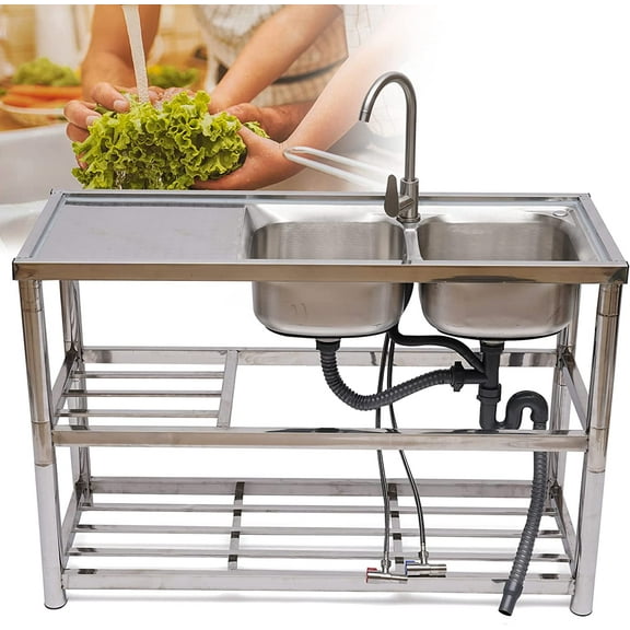 WUZSTAR 2 Compartment Stainless Steel Utility Sink Commercial Kitchen Sink with 2 Drainer & 2 Shelves