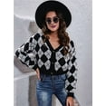 thumbnail image 4 of Women'S Knit Cardigan Sweaters Long Sleeve Argyle Open Front Button Down V Neck Cropped Coats Casual Trendy Tops Grey Black L, 4 of 10