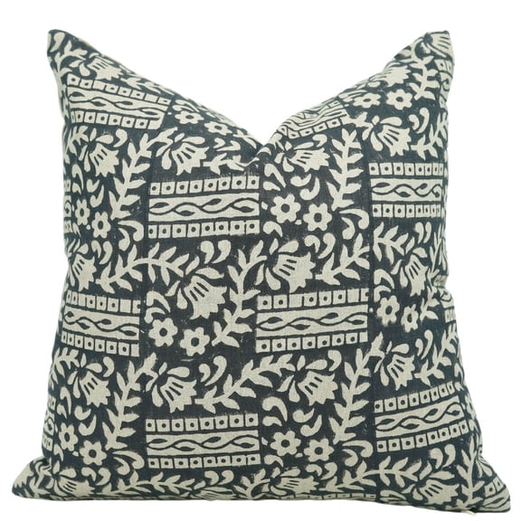 Fabdivine Floral Block Print Boho Decorative "Thick Linen" Throw Pillow Cover, Handblock Printed Cushion Cover for Sofa , 18"X18", "Blue"