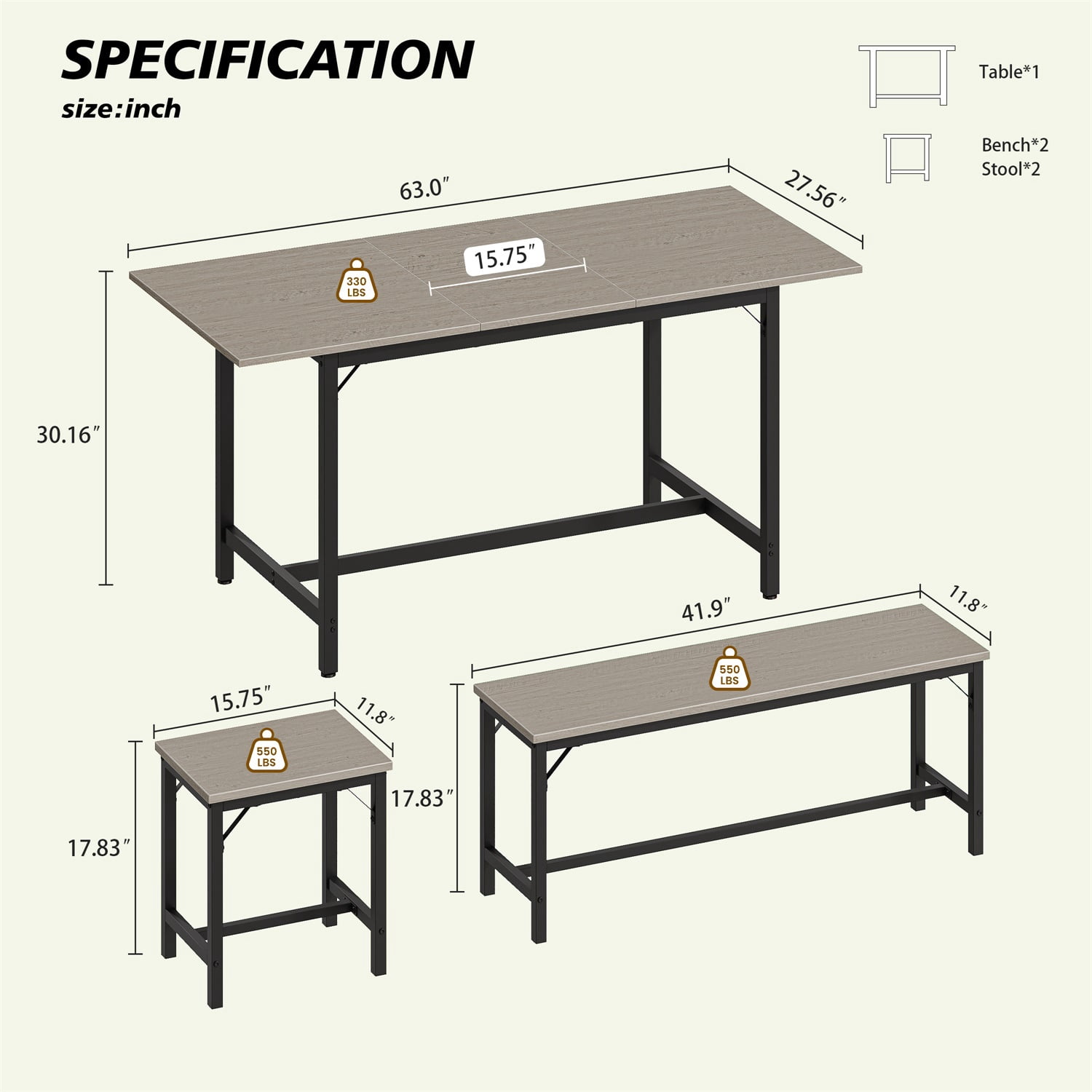 Hommoo 63" Expandable Dining Table Set for 4-8 People, Modern Extendable Kitchen Table with 2 Benches & 2 Stools, Wood Top & Metal Frame, Easy Assembly, Grey