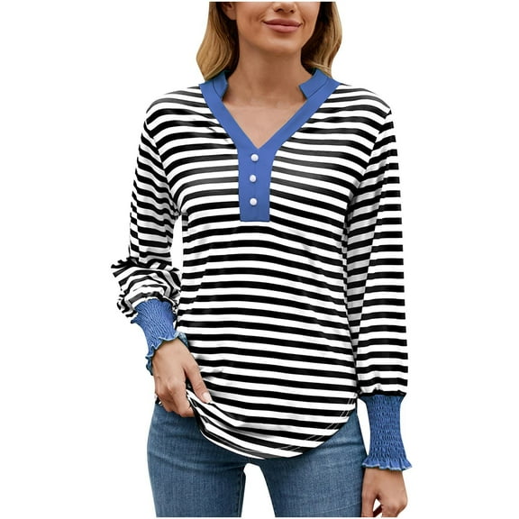 FAIWAD Womens Plus Size Striped Tops Long Sleeve Button Up V Neck Tunic Tops Casual Loose Going Out Clothes
