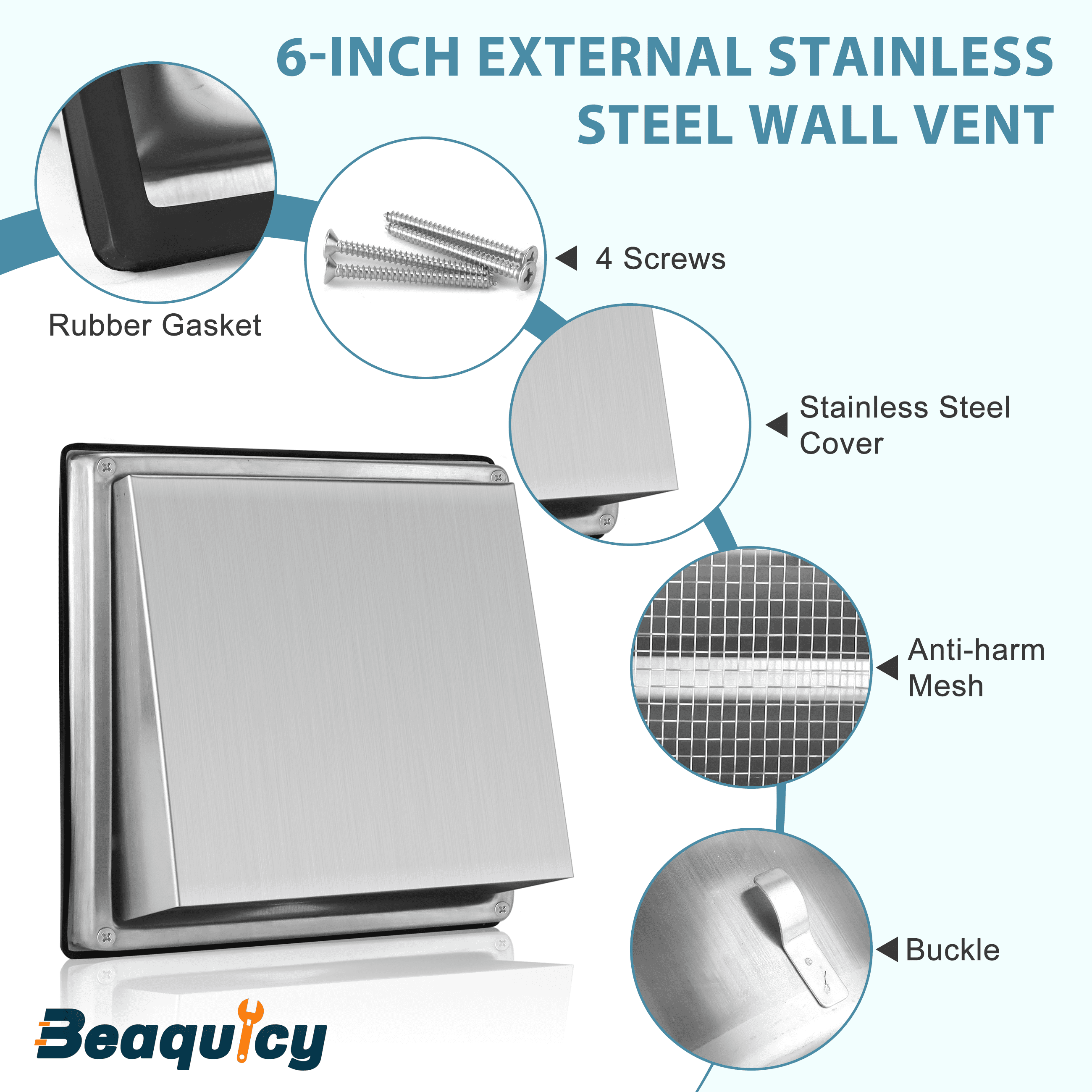 Beaquicy Dryer Stainless Vent Cover Steel 6 Inches Outdoor Air Vent Covers for Wall Vent Exterior With Screw