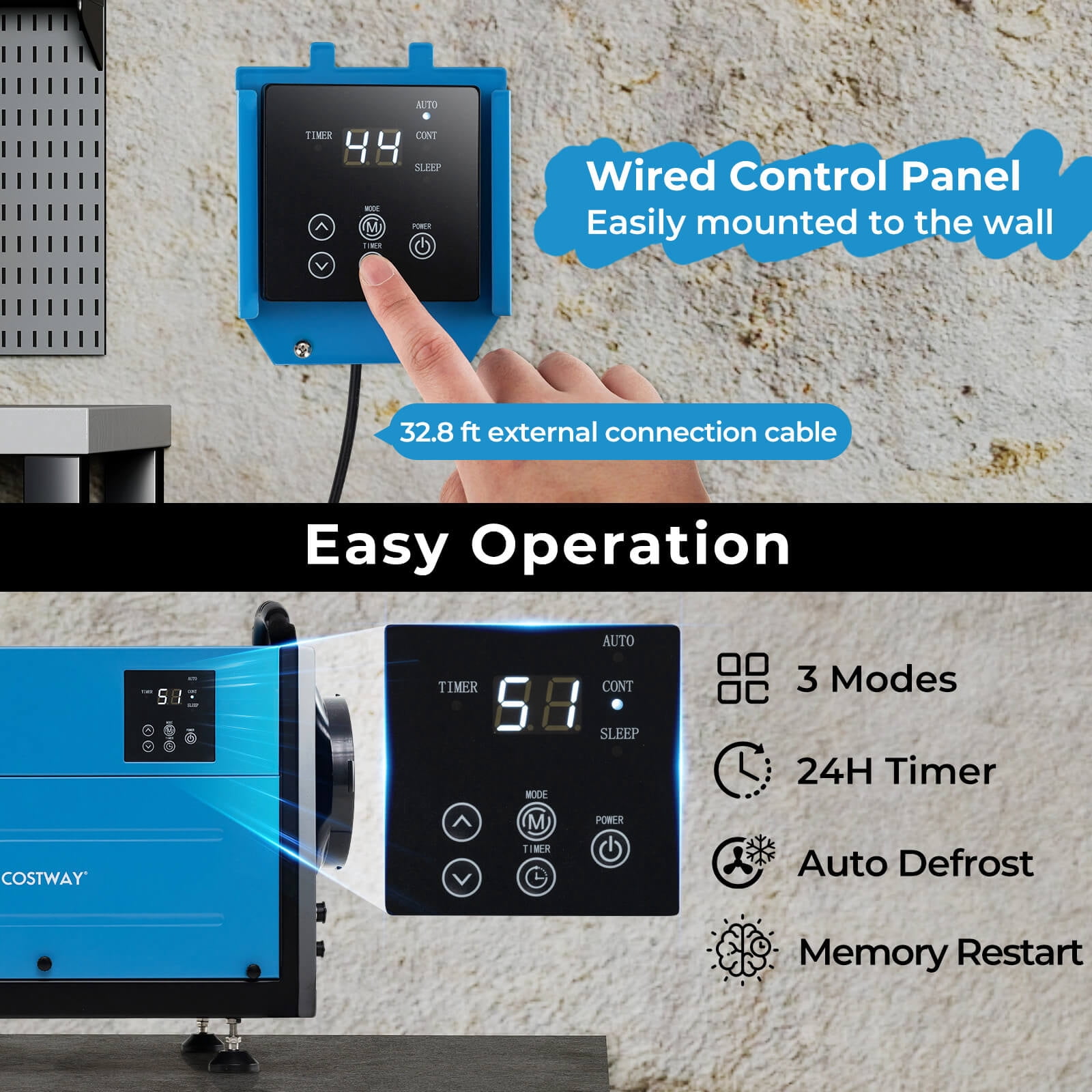 Costway 42 Pint(DOE) Crawl Space Dehumidifier Commercial Dehumidifier with 3 Modes & 24H Timer 1300 Sq. ft Coverage Area Blue (MAX 124Pint at 95°F, 90%RH)