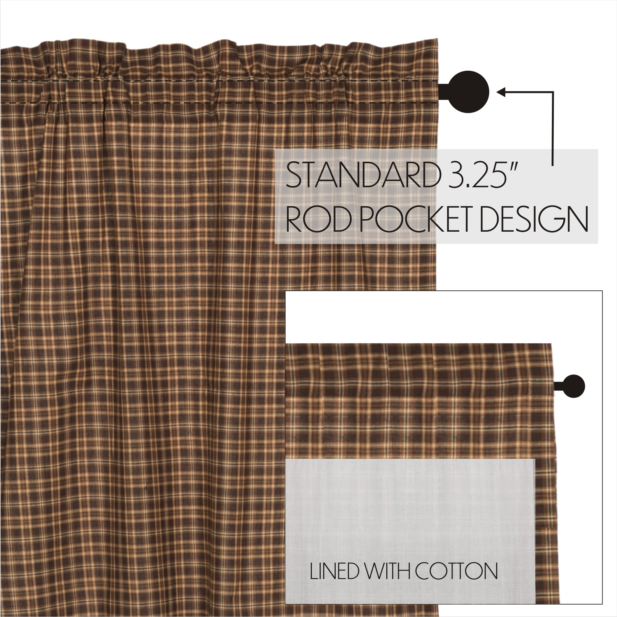 VHC Brands Prescott Rustic 63"x36" Panel Pair Brown Rod Pocket Cotton Plaid Tie Back(s) Window Curtains