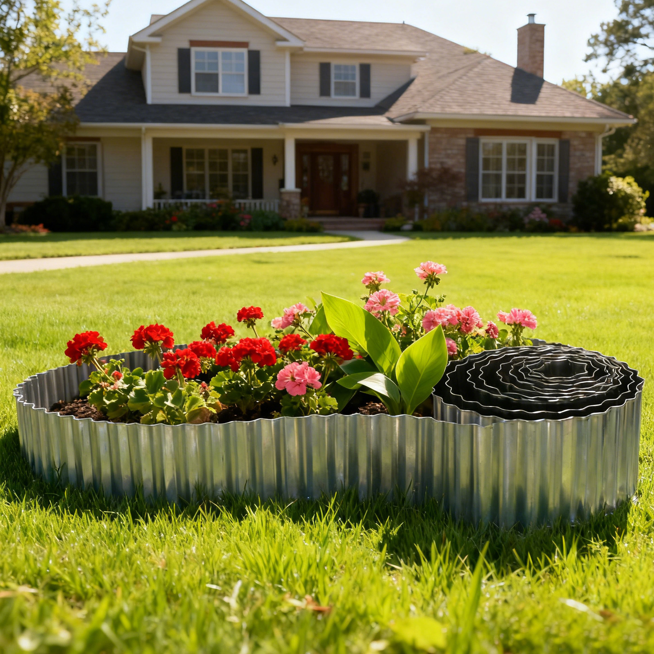 4W Galvanized Steel Garden Edging, 6.3" x 16.5' Corrugated Landscape Border, Flexible Lawn and Yard Edging Strip for Flower Beds and Tree Rings, Natural