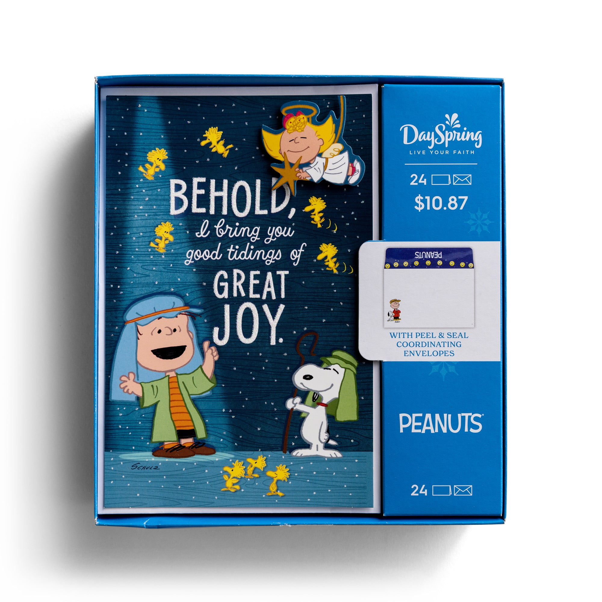 DaySpring 24 Inspirational Christmas Boxed Cards, Peanuts Pageant Linus, Snoopy and Sally, Great Joy, KJV