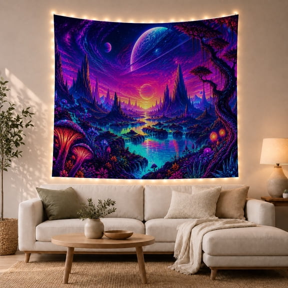 Alien Lake with Glowing Mushrooms and Ringed World, Dreamy Fantasy Art for Space Lovers, Cosmic Wall Decor, Housewarming Gift, Tapestry Wall Hanging for Bedroom and Gaming Room