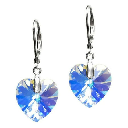 Clear Ab Crystal Earrings Clear AB Swarovski Elements Heart Crystal with Sterling Silver Leverback Dangle Earrings ()