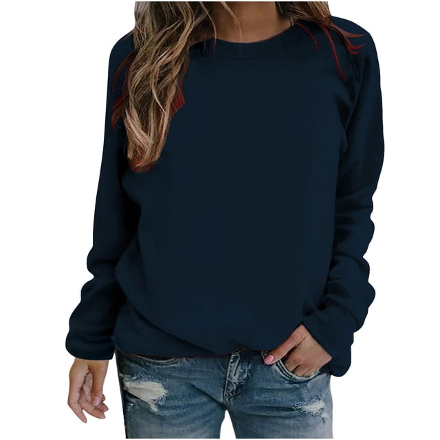 Yuyuzo 2023 Automne Chandail Sportif Uni pour Femme Décontracté Ample à Col Rond Raglan à Manches Longues Chandail Tunique Hauts Bleu Foncé A1