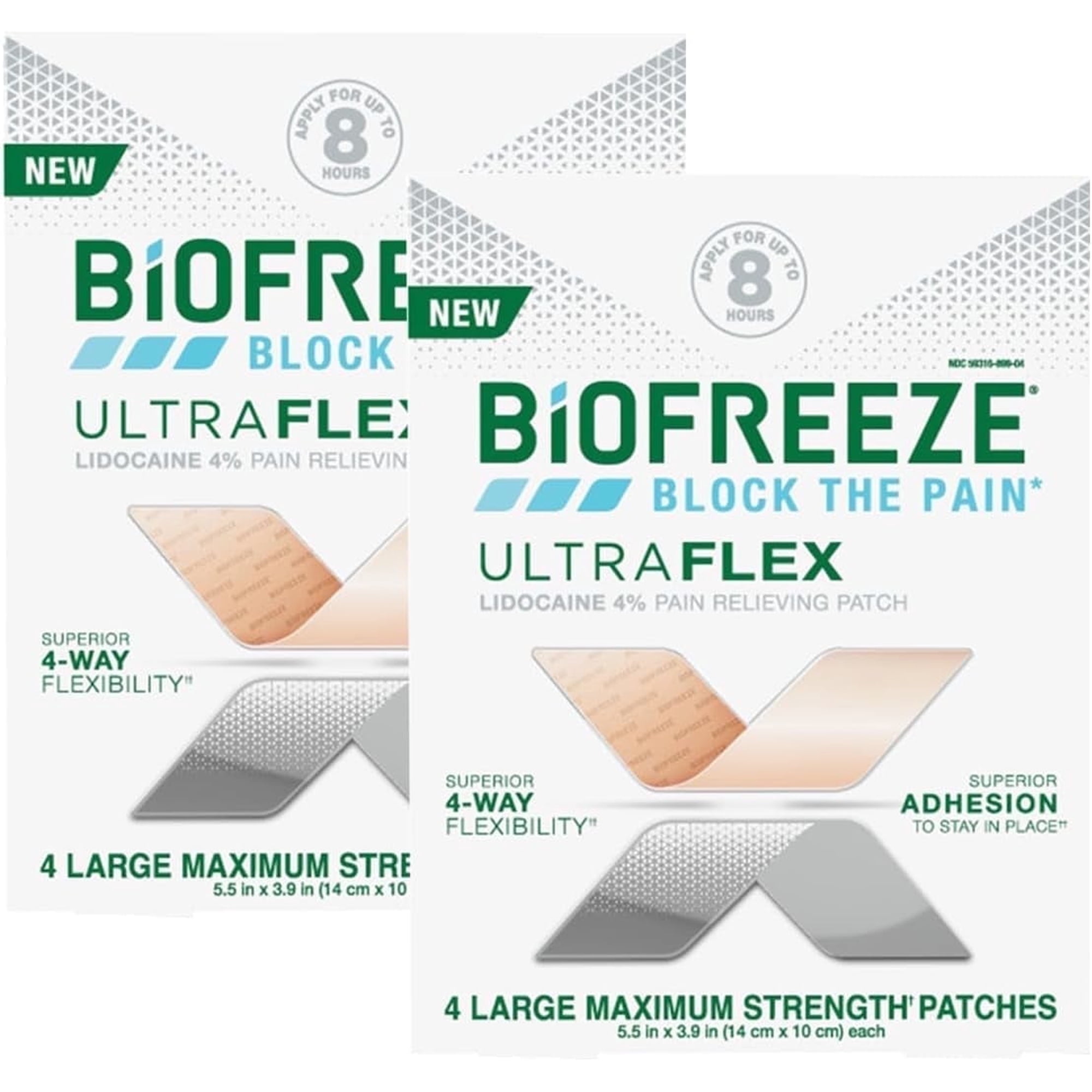 Biofreeze UltraFlex Lidocaine Patches Maximum Strength, Patented Technology, Flexible Pain Relief Patch for Lower Back, Lidocaine Patch for Neck, Knee, Shoulder, Large Patches, 4 Count (Pack of 2)