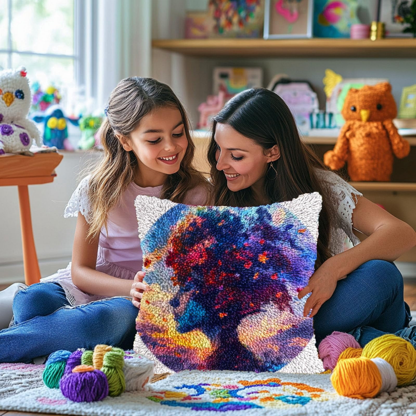 Abstract Woman Face Colorful Tree DIY Latch Hook Pillow Kits for Adults Printed Pillowcase Crochet Yarns Hooking Handmade Pillow Cover Cushion for Home Sofa Decoration 17x17inch(1)