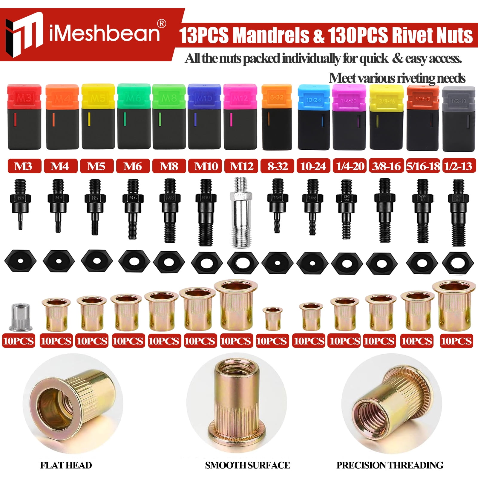 iMeshbean 13'' Rivet Gun Kit Rivnut Thread Setting Tool Nut Setter NutSert Metric 130PCS Hand Blind Riveter