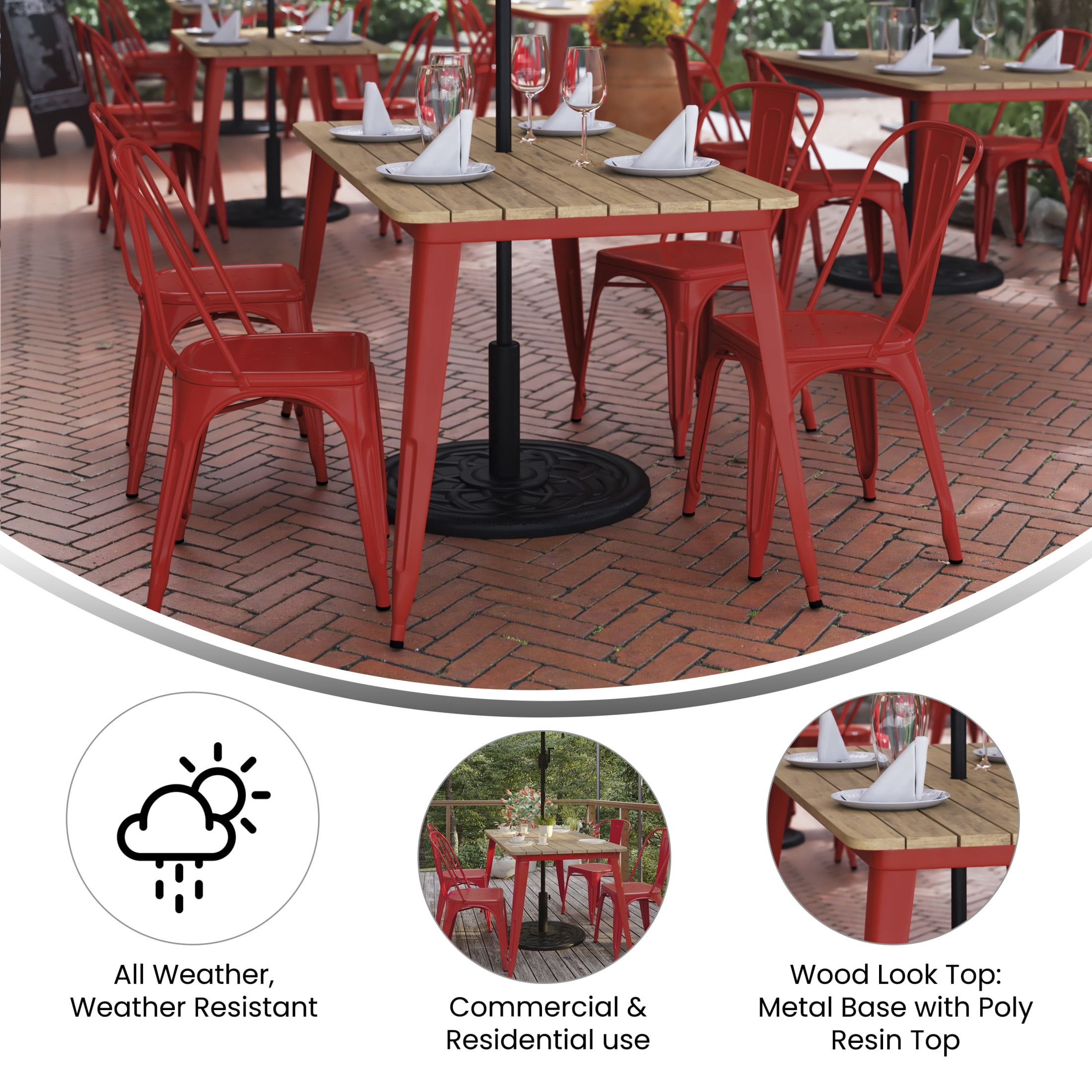 Flash Furniture Declan Commercial Indoor/Outdoor Dining Table with Umbrella Hole, 30" x 60" All Weather Brown Poly Resin Top and Red Steel Base