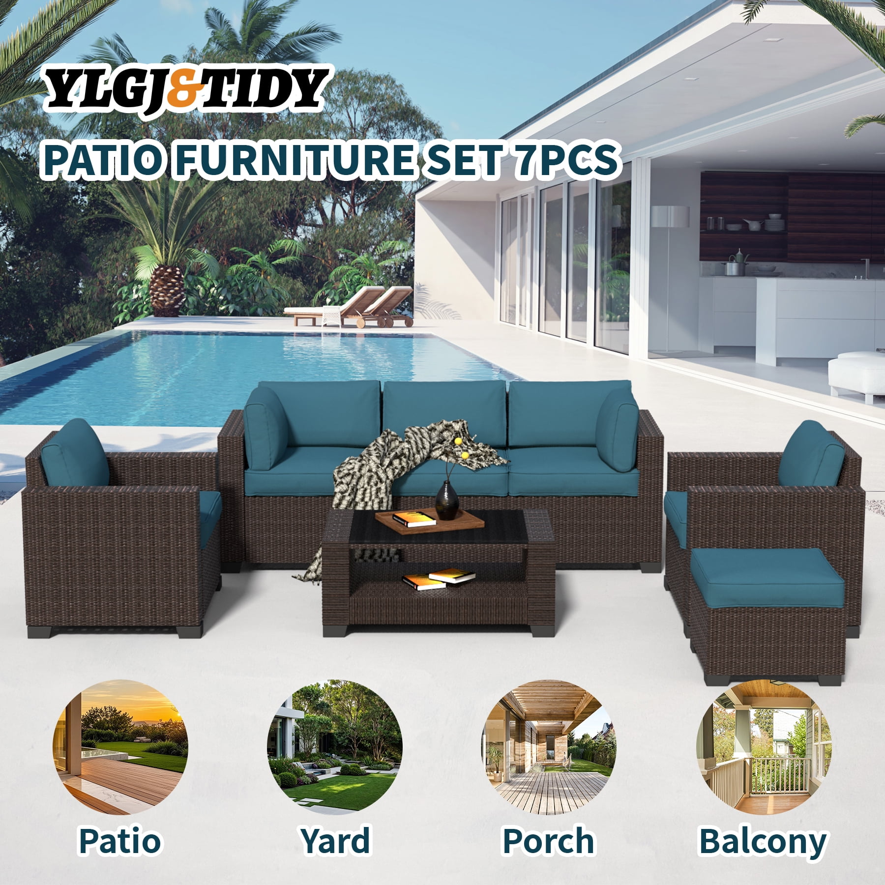 7-Piece Outdoor Patio Furniture Set, All-Weather Rattan Sectional Sofa with Waterproof Cushions & Tempered Glass Table, Perfect for Garden, Poolside, Backyard (Peacock Blue)