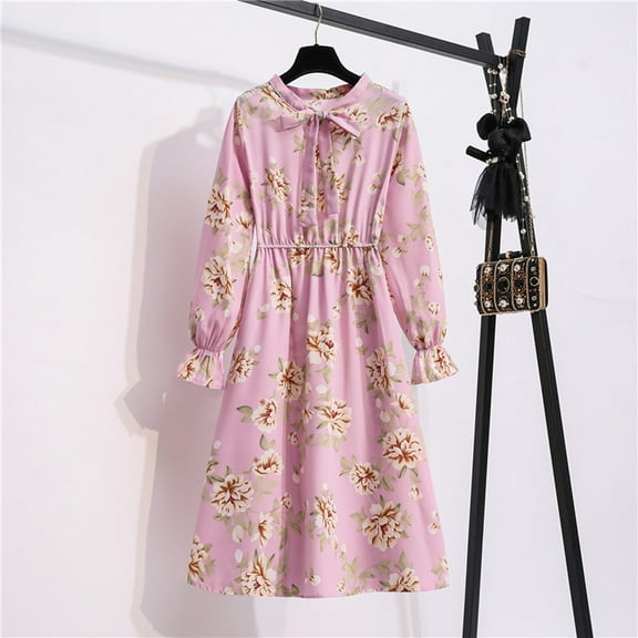 Sentmoon Bow Womens Dresses Long Sleeve Holiday Dresses for Women Vintage Fashion Chiffon Print Short Dresses,Fit & Flare Trendy Women Clothing Pink S Up to 40% Off