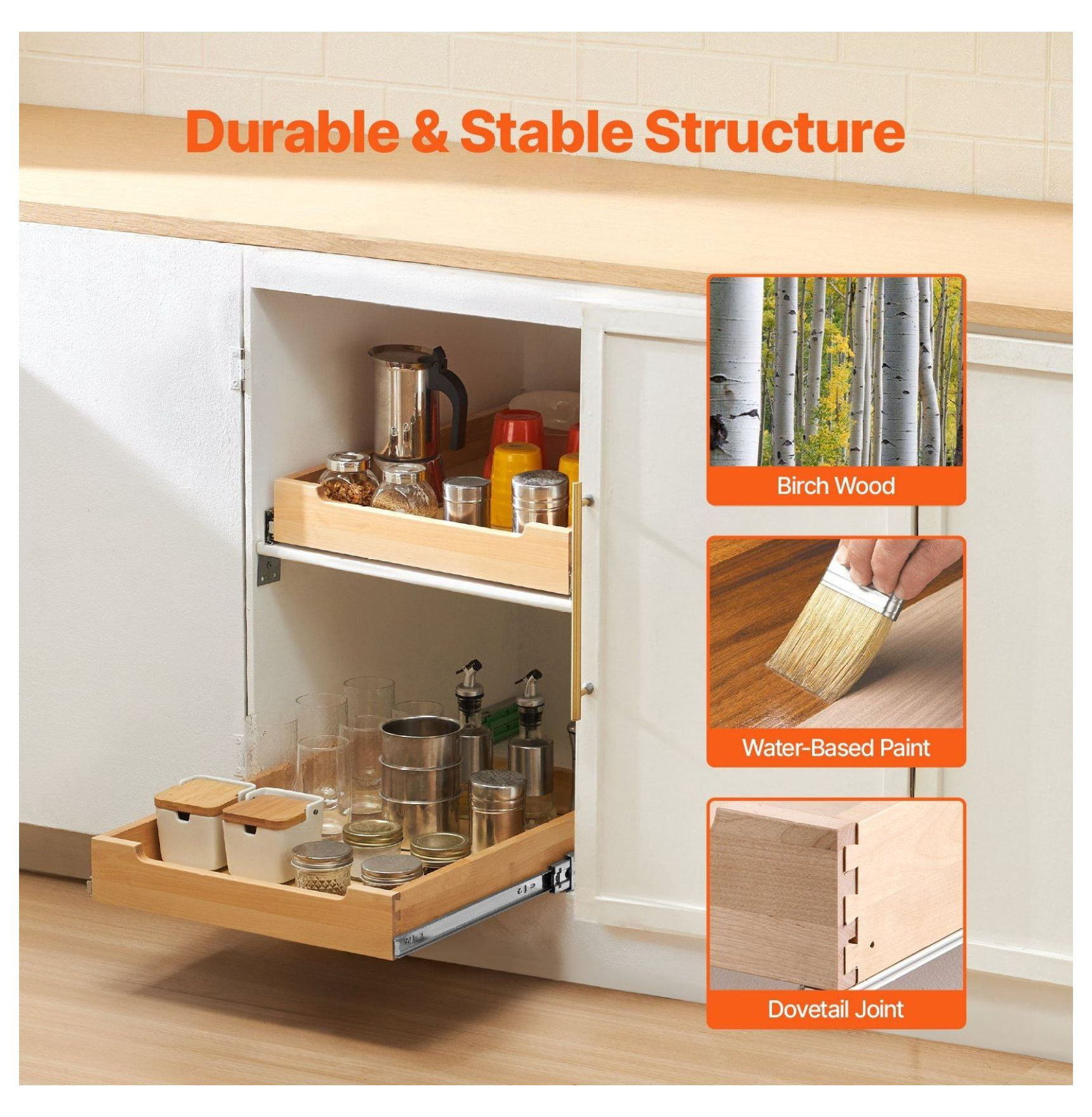 Pull Out Cabinet Organizer, 17"W x 21"D Wood Sliding Shelf - Soft Close Kitchen Cabinet Drawer, Birch Wood, Single Tier - Under Sink Organizer, Base Cabinet Storage