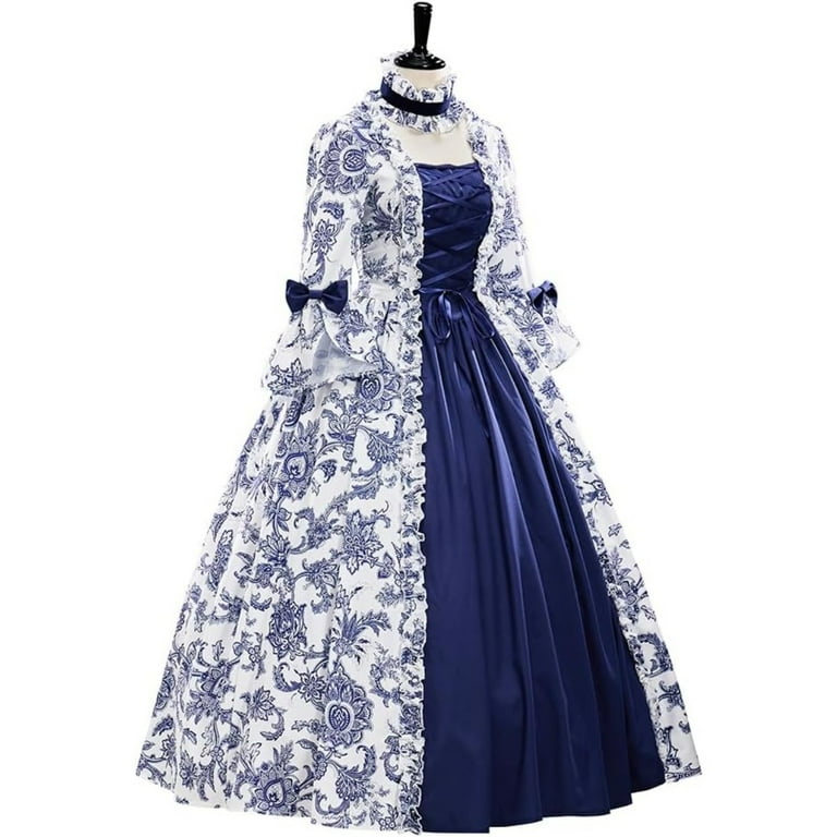 Royal Rococo Blue Victorian Ball Gown Embroidered Long Lace Sleeve Floor Length Formal Princess Victorian Dress Theater Costume