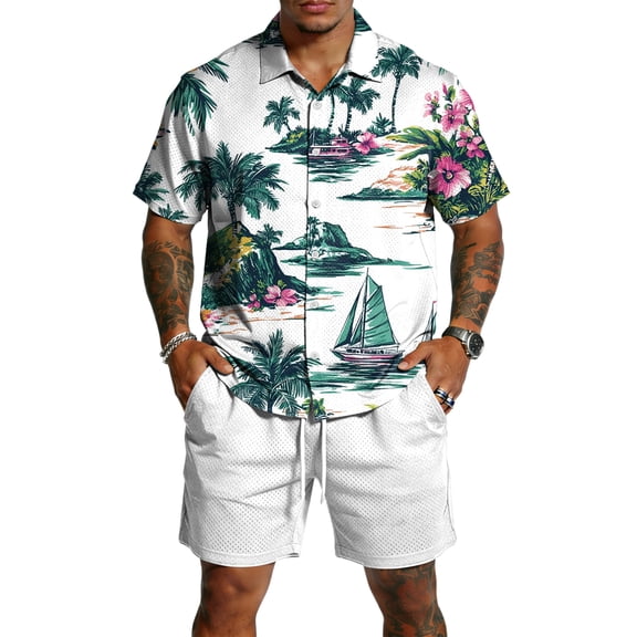 Hogleaql Men's Summer Vacation 2 Piece Outfits Hawaiian Button Short Sleeve Shirts and Shorts with Pockets Elastic Waist Relaxed Fit Dressy Loose Fit Matching Outfits Sky Blue M