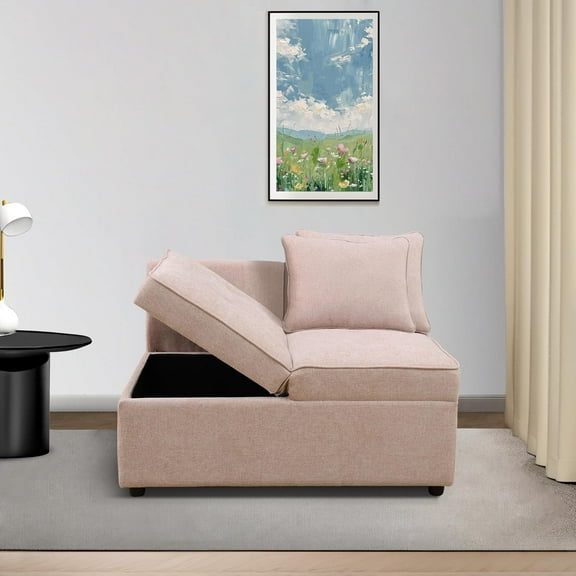 UNEEDE Convertible Loveseat Sofa Bed with Storage Ottoman, 2 Pillows & Adjustable Backrest - Grey Sackcloth 2-Seater Sleeper for Small Spaces, Living Room, Dorm, Office Pink