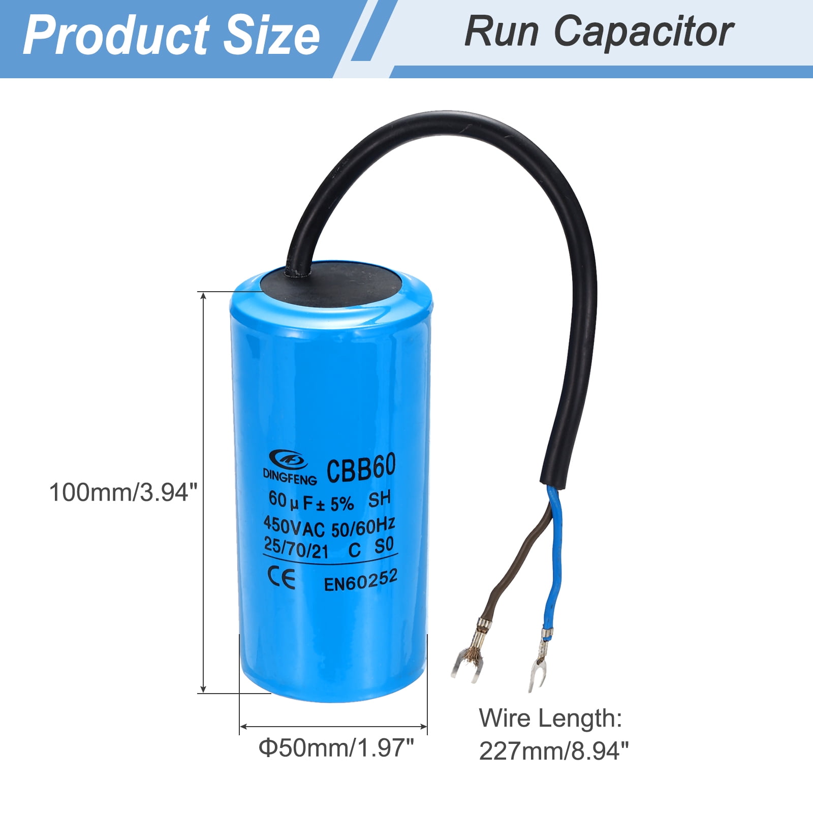 CBB60 60uF Running Capacitors, AC 450V 2 Wires 50/60Hz Cylinder 102x50mm