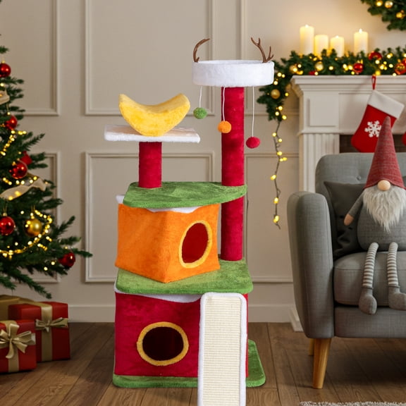 Ktaxon 48.5in Christmas Cat Tree, Multi-Level Plush Tower with Condos, Perch & Scratching Board