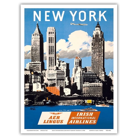 New York USA - Skyline of Manhattan - Aer Lingus (Irish International Airlines) - Vintage Airline Travel Poster by Adolph Treidler c.1950s - Master Art Print (Unframed) 9in x 12in