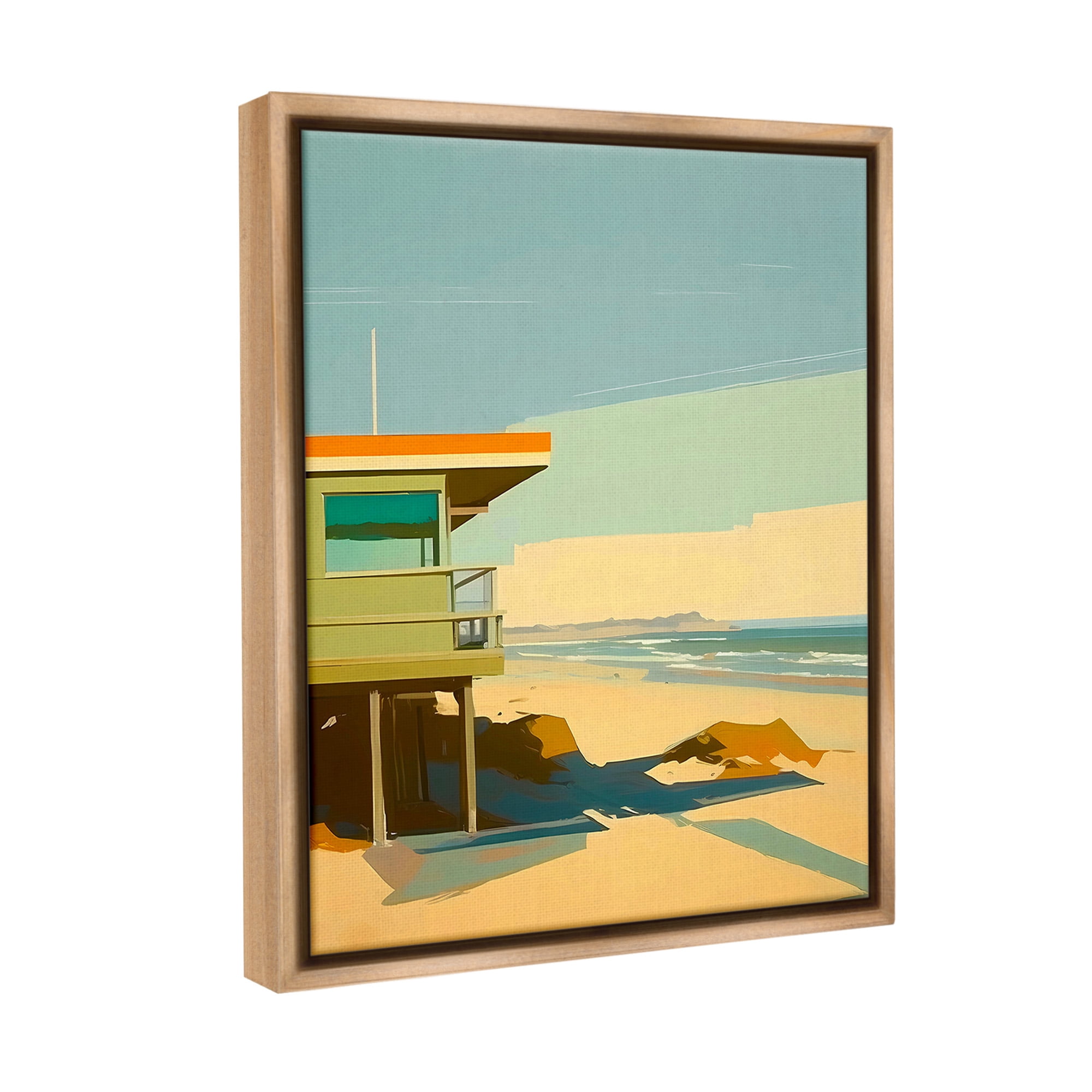 Stupell Industries Modern Sunlit Beach Hut Landscape Painting Brown Floater Framed Canvas Art Print Wall Art, 17 x 21