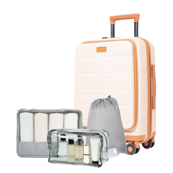 Travelhouse Carry-On Luggage Sets Front Open 4 Piece Hardside Suitcase Set with Spinner Wheels TSA Lock Toiletry Bag and Shoe bag,White