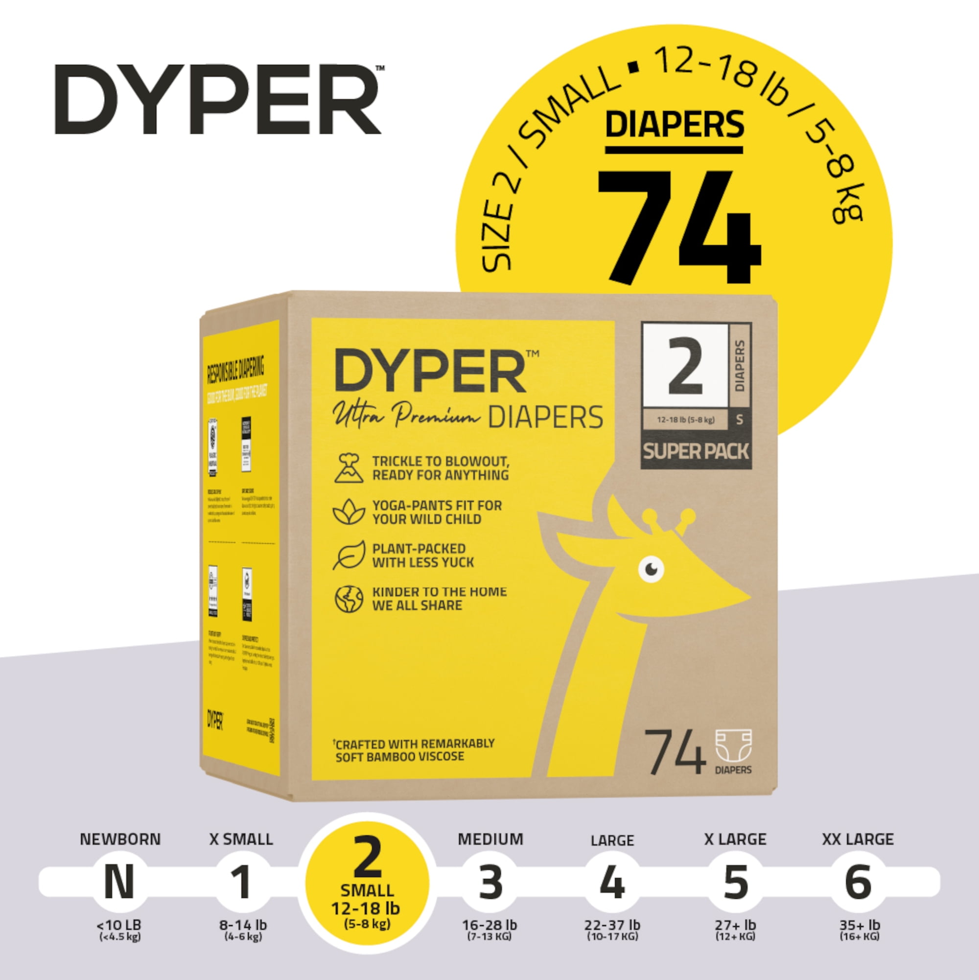 DYPER Ultra Premium Diapers Size 2, 74 Diapers (Select For More Options)