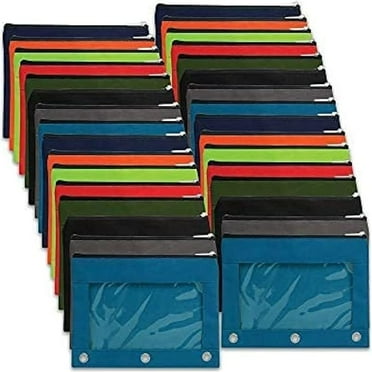 24 Pack of Bulk Wholesale 3 Ring Binder Clear Window Zippered Pencil Cases for Pens, Pencils, Markers, Scissors, Sharpeners, Erasers, Students and Classrooms in 8 Assorted Colors
