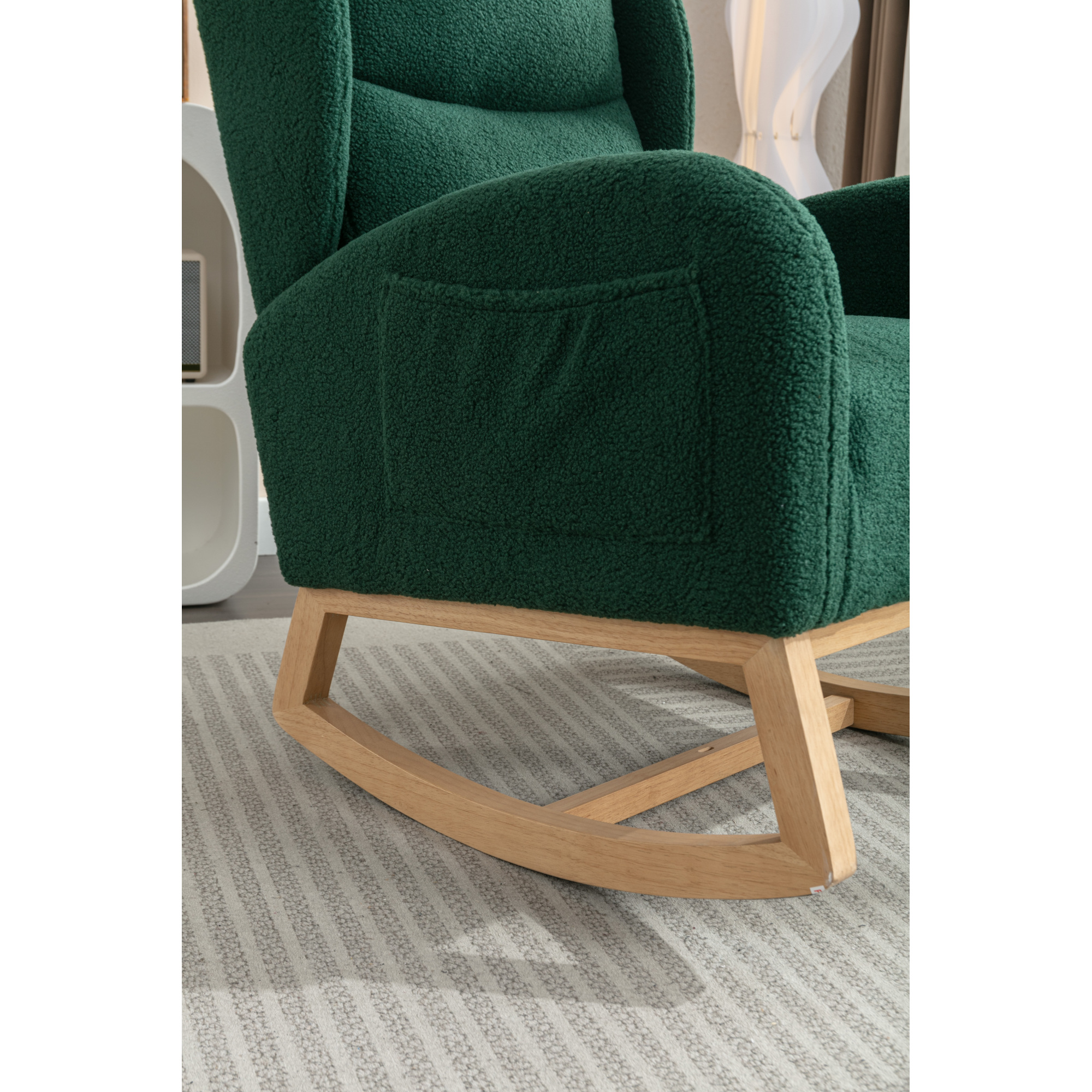 Rocking Chair Nursery,Teddy Fabric Uplostered Rocking Glider Chair with Side Pocket,Modern High Backrest Single Sofa for Living Room, Hotel, Bedroom, Baby Room,Green