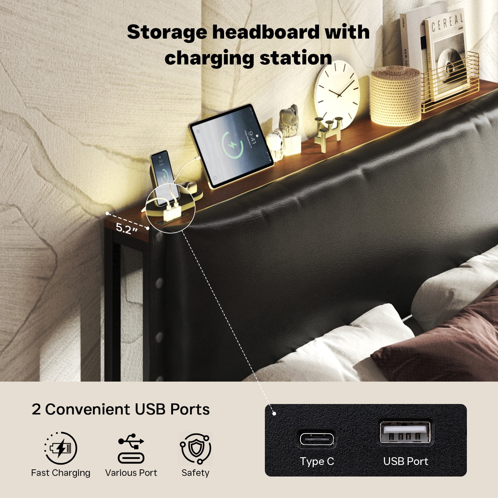 Patbrela Headboard Queen Size, Luxury Oil-Waxed Leather Upholstered Headboard with Adjustable Height Headboard from 42.1" to 46.1", Black