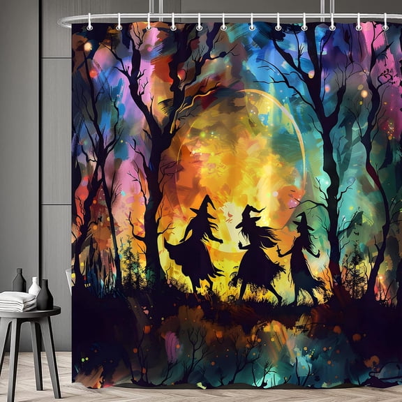 Halloween Witch Shower Curtain, Moonlit Forest Waterproof Bathroom Curtain with Hooks, Spooky Bathroom Decor 36"W x 72"H