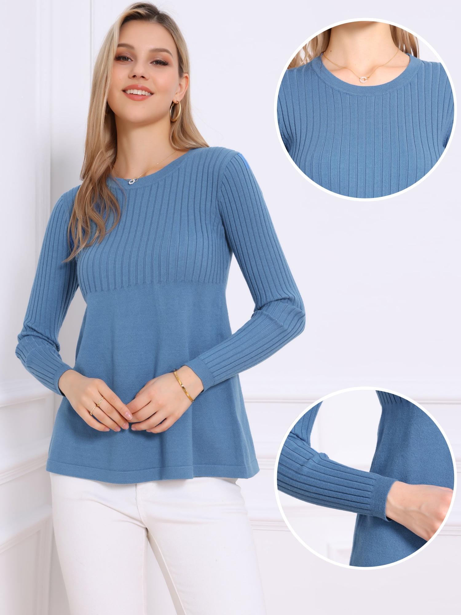 DARING DIVA Women's Crewneck Long Sleeve Stretchy Pullover Sweaters XS Blue