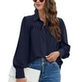 thumbnail image 3 of SWSMCLT Women's Long Sleeve Blouse Lantern Sleeve Ruched Casual Button Thin Button Up Shirt Mandarin Collar Top Navy Small, 3 of 5