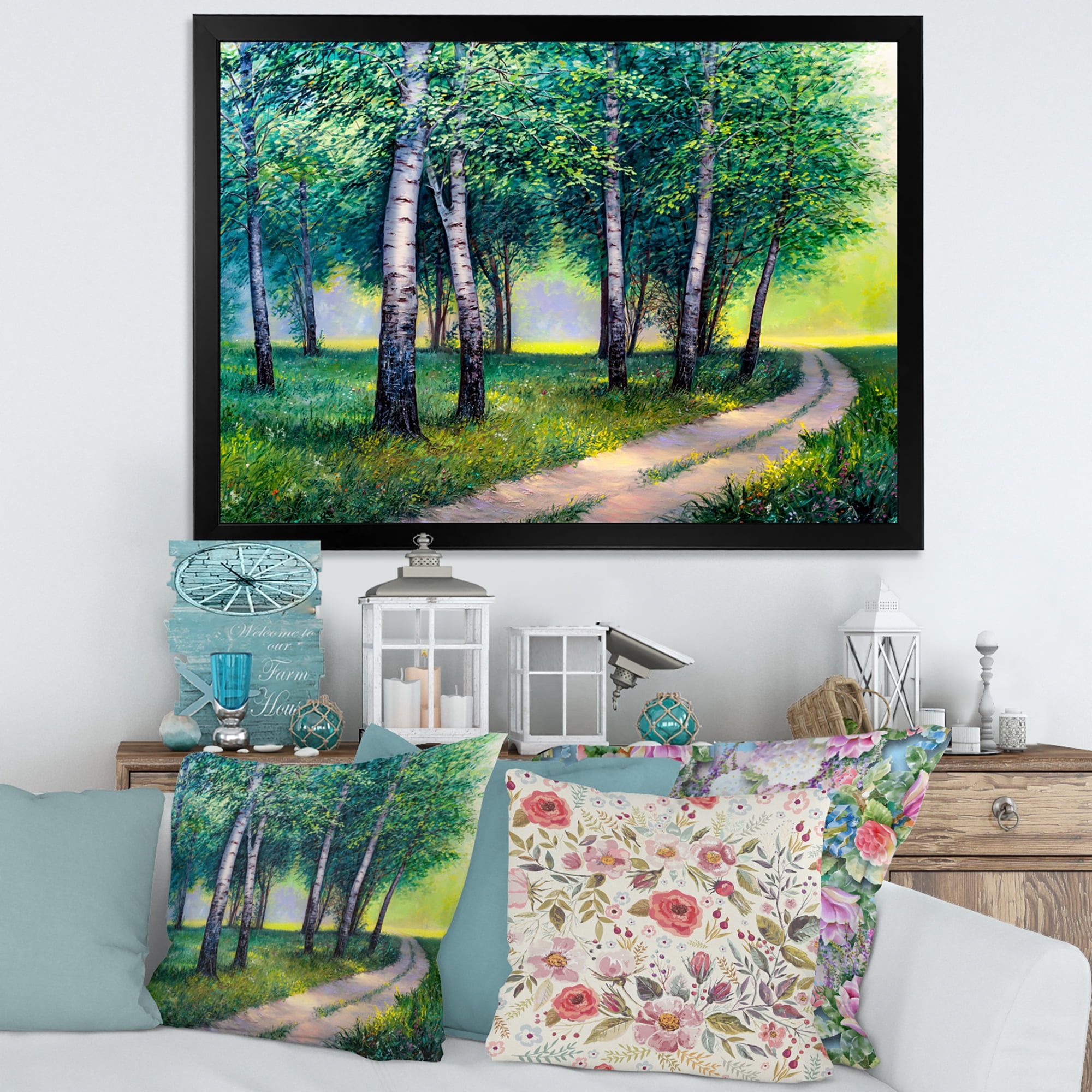 Designart 'Summer Forest Path By The Birches' Lake House Framed Art Print