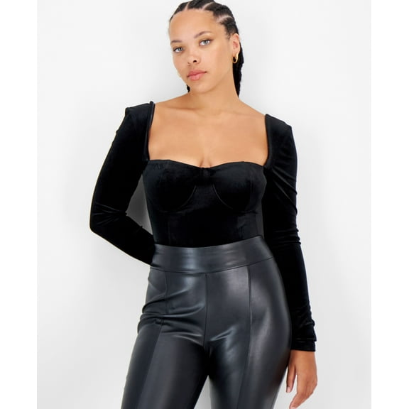Women's Square-Neck Velvet Bodysuit Deep Black M