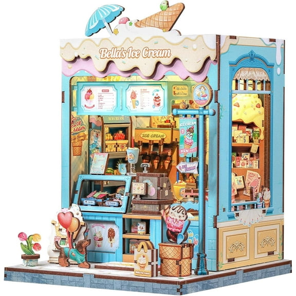 Book Nook Kit - DIY Miniature House Dollhouse Kit for Adults and Teens, Booknook Tiny House Ice Cream Shop Bookshelf Decor 3D Wooden Puzzle, Gifts for Family, Friends (Bella's Ice Cream)