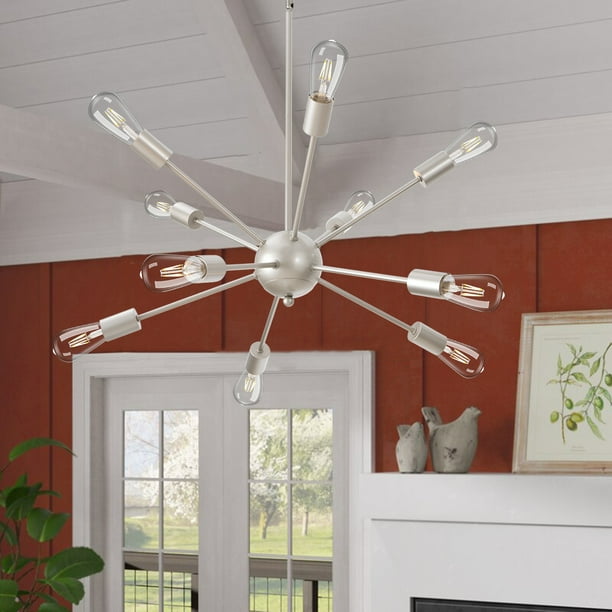 Wellmet 10 Light Silver Sputnik Chandeliers Mid Century Modern Pendant Lighting Semi Flush Mount Ceiling Fixture Contemporary Lights For Dining Room Living Bedroom Com Flush Mount Ceiling Light Fixture, Silver Mid Century Modern Chandelier