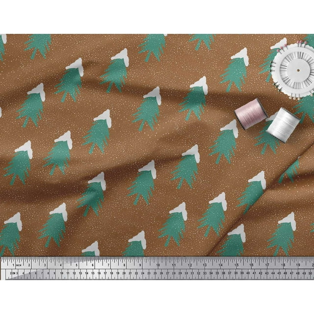 Soimoi Cotton Voile Fabric Snow & Tree Christmas Printed Fabric 1 Yard 56 Inch Wide