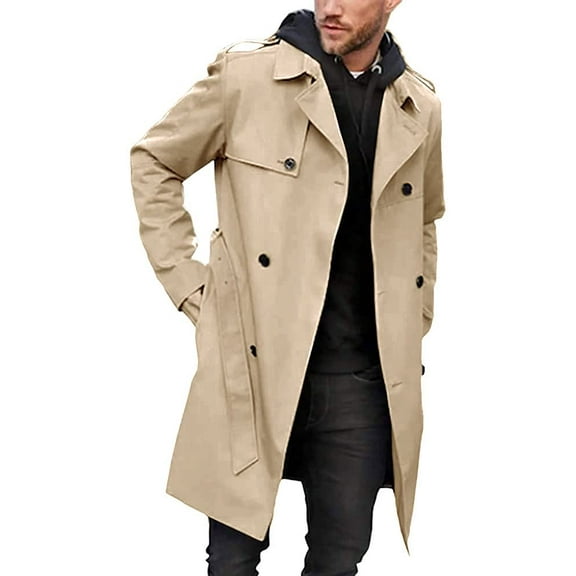 Sherrylily Men Trench Coat Double Breasted Belted Windbreaker Long Jacket Casual Windproof Overcoat